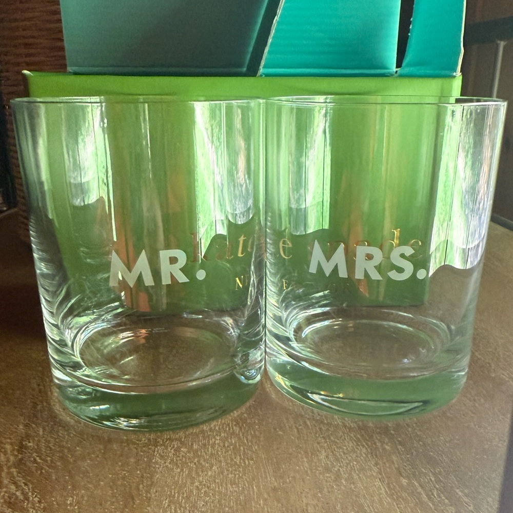 Mr. Mrs. Kate Spade Lennox Darling Point Glass Set Whiskey Cocktail Tumbler +Box